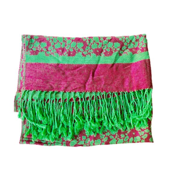 Pashmina Scarf Wrap Vibrant Green & Pink Floral Poppies 72 x 27" - Picture 5 of 6